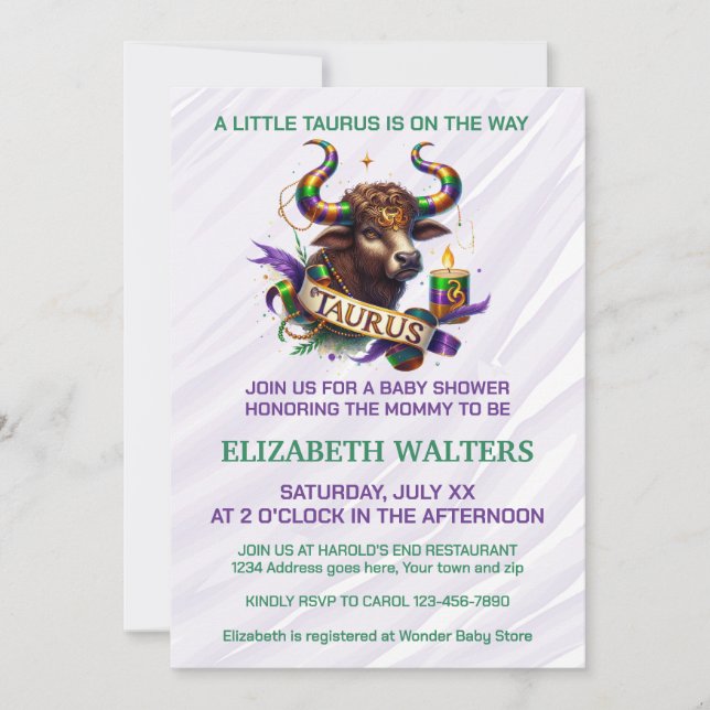 Taurus Zodiac Baby Shower Lavender and Green Einladung (Vorderseite)