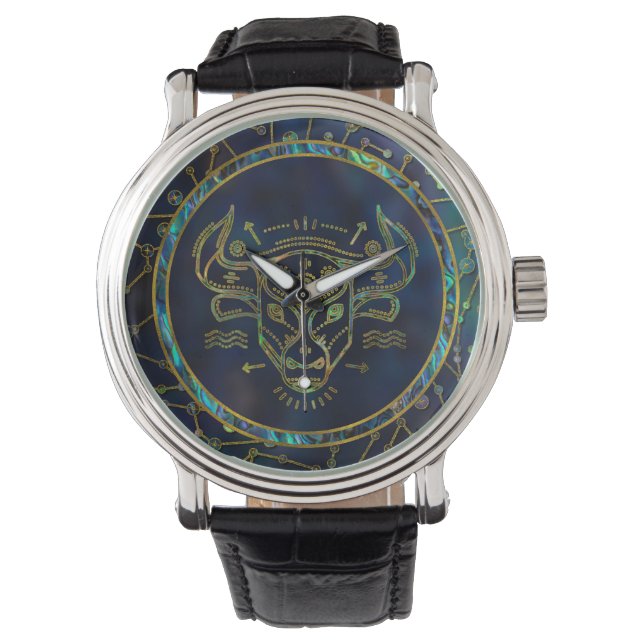 Taurus Zodiac Gold Abalone Armbanduhr (Vorderseite)
