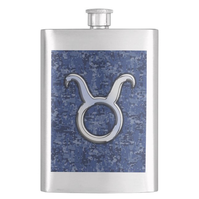 Taurus Zodiac Sign auf Blue Digital Camouflage Flachmann (Vorderseite)