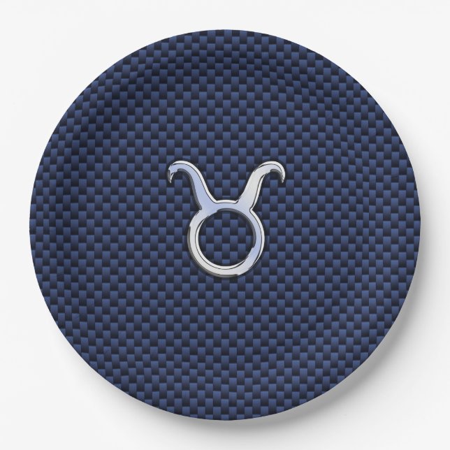 Taurus Zodiac Sign auf Navy Blue Carbon Fibre Styl Pappteller (Vorderseite)