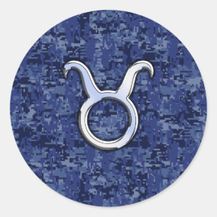 Taurus Zodiac Sign auf Navy Blue Digital Camouflag Runder Aufkleber