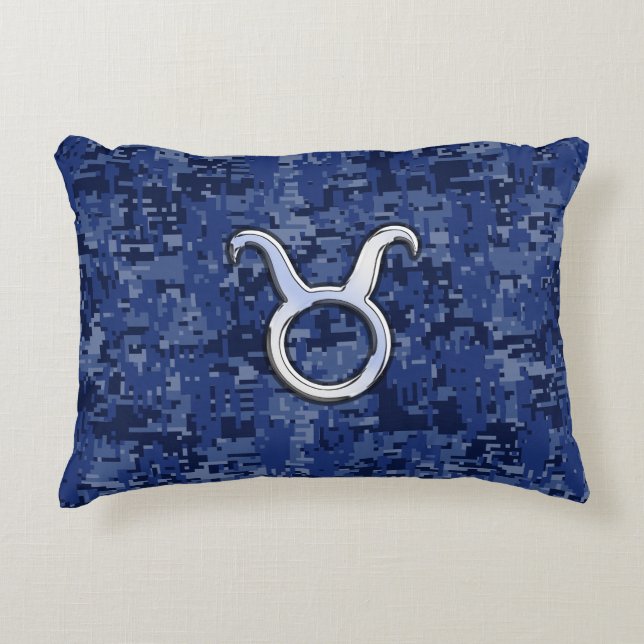 Taurus Zodiac Sign auf Navy Blue Digital Camouflag Zierkissen (Vorderseite)