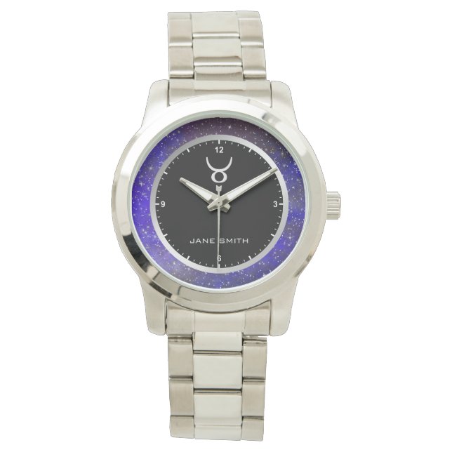 Taurus Zodiac Symbol Galaxy Stars Individuelle Nam Armbanduhr (Vorderseite)