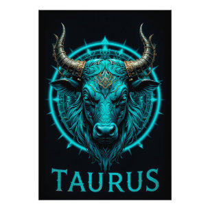 Taurus Zodiac Symbol in lebendigem Blau und Gold A Fotodruck