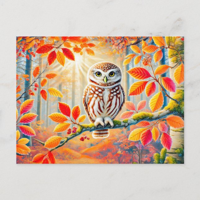 Tawny Owl im Herbstwald Feiertagspostkarte (Vorderseite)