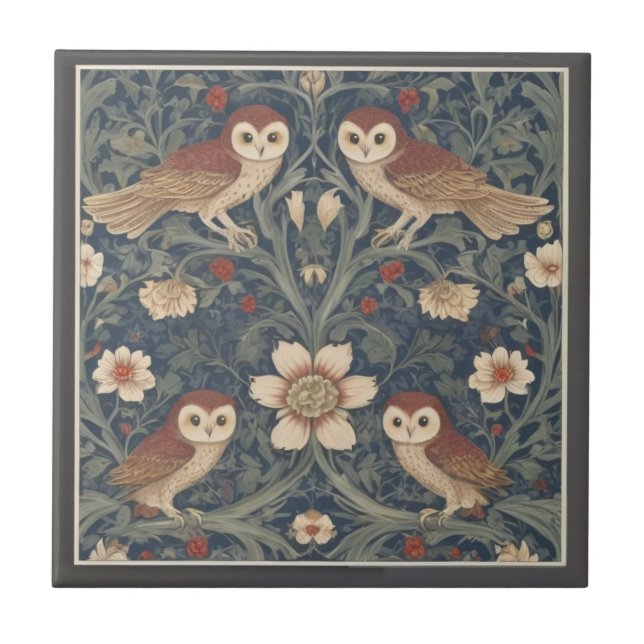 Tawny Owl Pattern William Morris style Owls Fliese (Vorderseite)