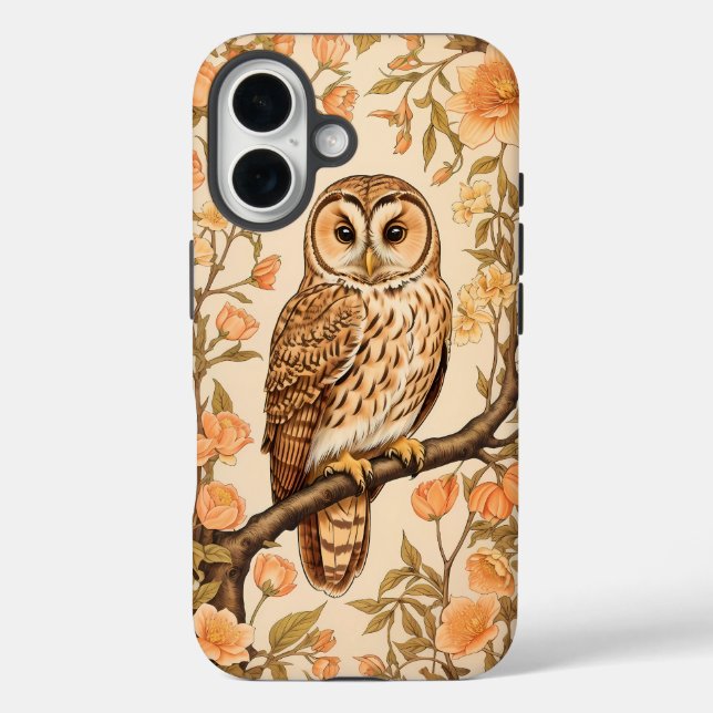Tawny Owl Peach Blossoms William Morris Inspiriert iPhone 16 Hülle (Rückseite)