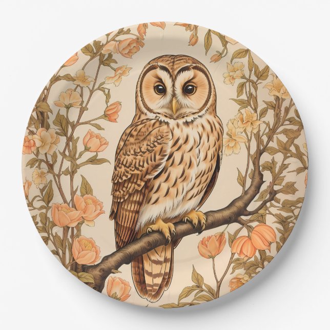 Tawny Owl Peach Blossoms William Morris Inspiriert Pappteller (Vorderseite)