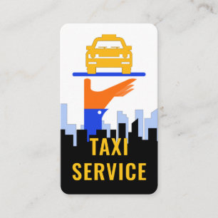 Taxi-Auto auf Serviertablett Stadt-Silhouette Visitenkarte