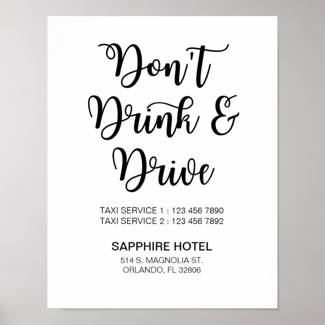Taxi Information Wedding Sign | Moderne Kalligrafi Poster (Vorne)