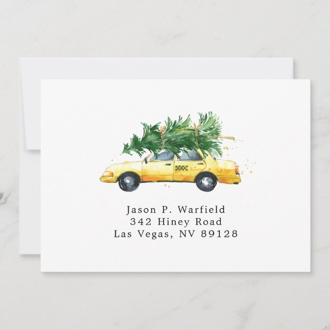 Taxi mit Weihnachtsbaum bedruckte Rücksendeadresse Einladung (Vorderseite)