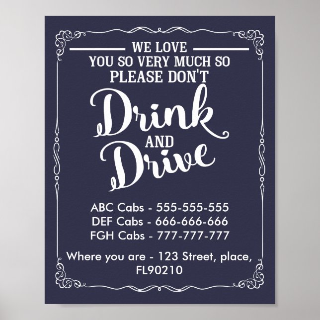 Taxis Hochzeitszeichen nicht trinken und fahren Poster (Vorne)
