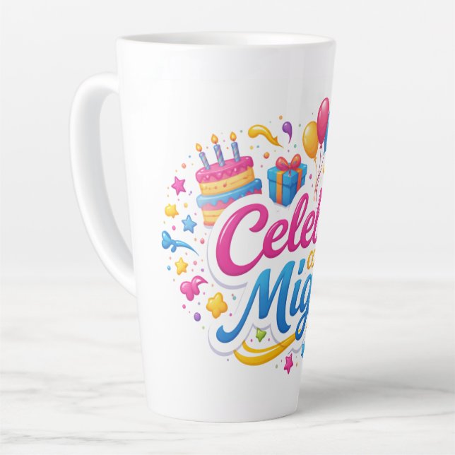 Taza de Café Latte con Diseño “Celebra Conmigo” |  Milchtasse (Linke Ecke)