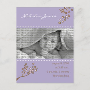 {TBA} Baby Birth Announcement Lila Branch Ankündigungspostkarte