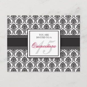 {TBA} DEUTSCH Schwarze Damast Quinceanera Einladun Einladung
