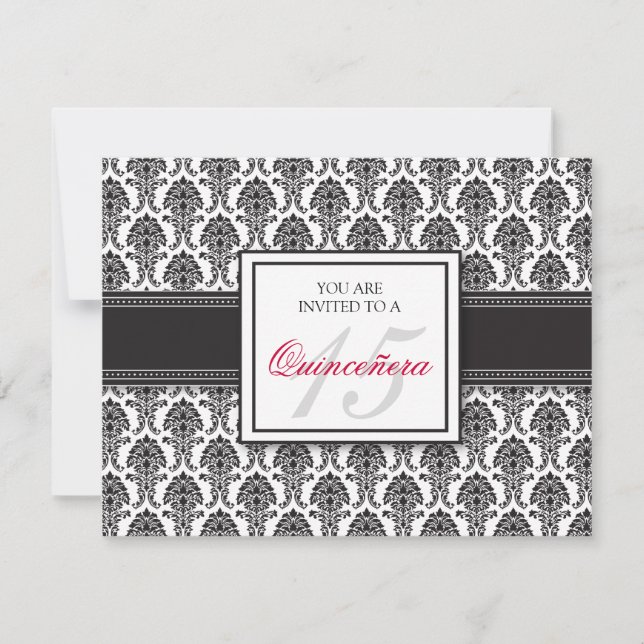 {TBA} ENGLISCHE schwarze Damast Quinceanera Einladung (Vorderseite)