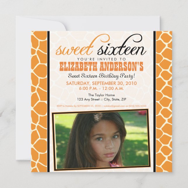 {TBA} Giraffe Sweet 16 Party Einladung (orange) (Vorderseite)