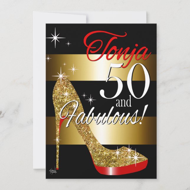 TD 50 & Fabulous Glitzer Stiletto Geburtstag Einladung (Vorderseite)