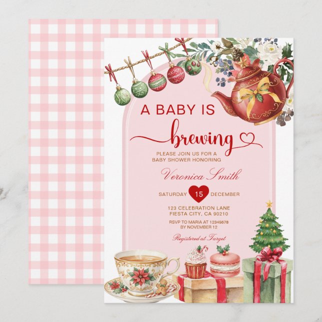 Tea A Baby is Brewing Christmas Bow Baby Shower Einladung (Vorne/Hinten)