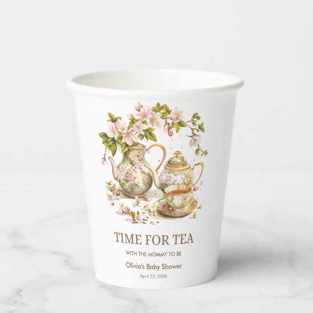 Tea-Baby-Dusche mit floraler Teekanne Pappbecher (Vorderseite)