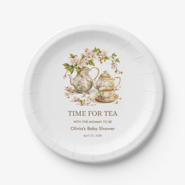Tea-Baby-Dusche mit floraler Teekanne Pappteller (Vorderseite)