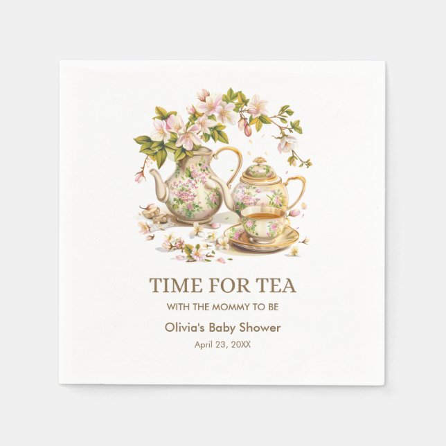 Tea-Baby-Dusche mit floraler Teekanne Serviette (Vorderseite)