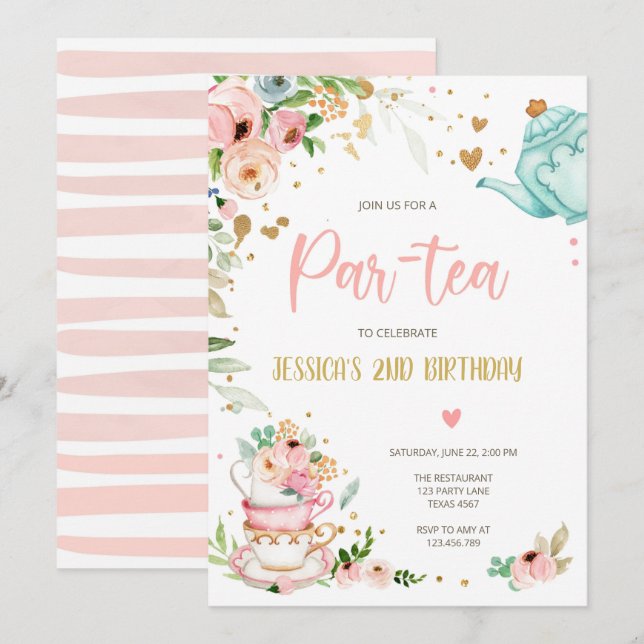 Tea Birthday Invitation Girl Party Par tea Floral (Devant / Derrière)