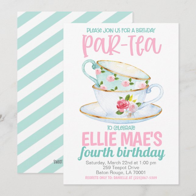 Tea Birthday Party Einladung (Vorne/Hinten)