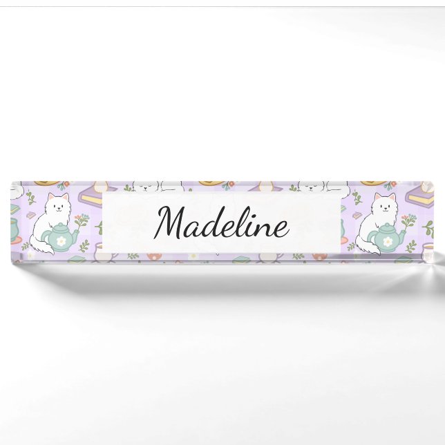 Tea & Bookish Cats Personalized Desk Nameplate Namensplakette (Vorderseite)