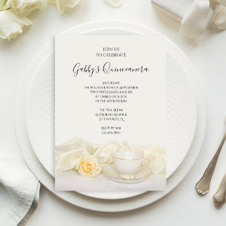 Tea Cup and White Rose Quinceanera Party Einladung