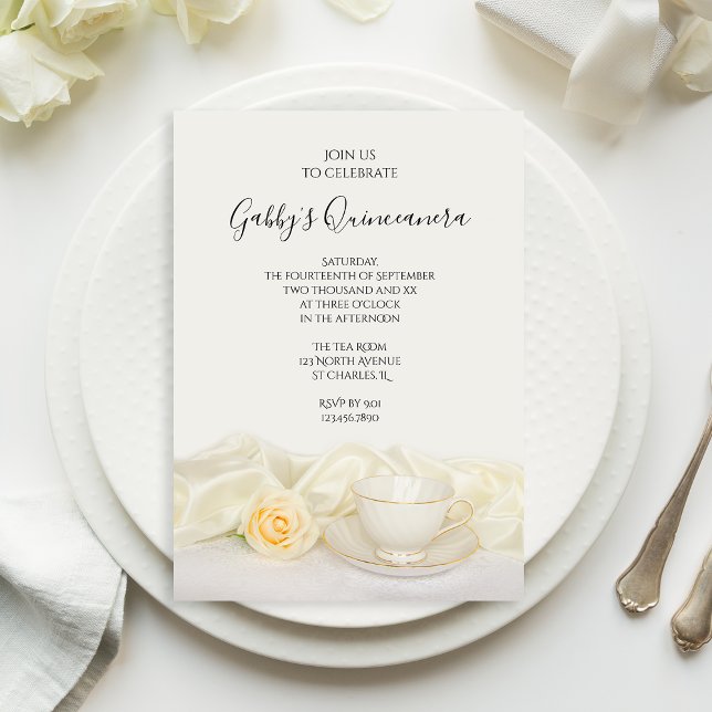 Tea Cup and White Rose Quinceanera Party Einladung (Von Creator hochgeladen)