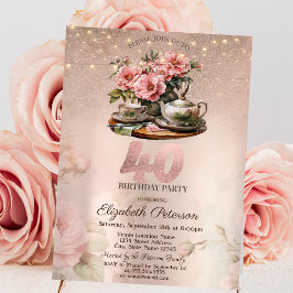 Tea Cup Blume Glitzer Rose Gold 40. Geburtstag Einladung