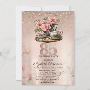 Tea Cup Blume Glitzer Rose Gold 85. Geburtstag Einladung