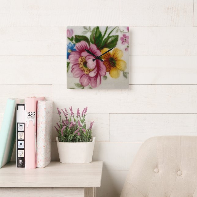 Tea Cup Floral Bouquet Quadratische Wanduhr (Lesesaal)