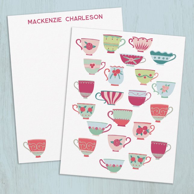 Tea Cups Fun Retro Vintage Personalized Mitteilungskarte (Retro China Teacups personalized name or text notecards)