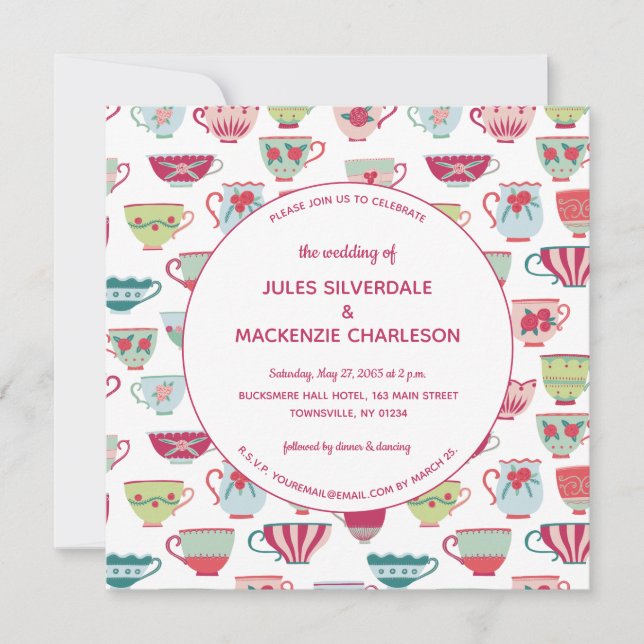 Tea Cups Moderne Vintage Hochzeit Einladung (Vorderseite)