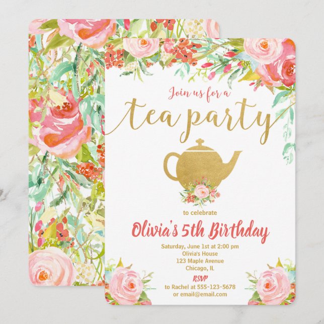 Tea fête anniversaire invitation fille or floral (Devant / Derrière)