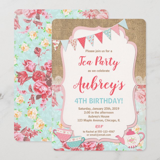 Tea fête anniversaire invitation fille shabby chic (Devant / Derrière)