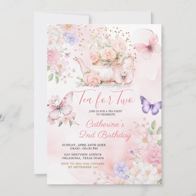 Tea For Two Pink Purple Tea Party Butterfly  Einladung (Vorderseite)