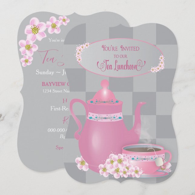 Tea Luncheon, Teapot & Teacup Ladys, Pink & Grau Einladung (Vorne/Hinten)