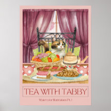 "Tea mit Tabby" Wasserfarben-Kunstposter