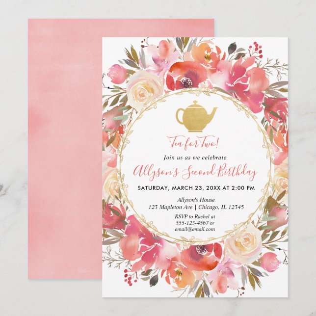 Tea Party 2e anniversaire invitation fille Tea for (Devant / Derrière)