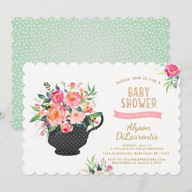 Tea Party Baby Dusche Einladung (Vorne/Hinten)
