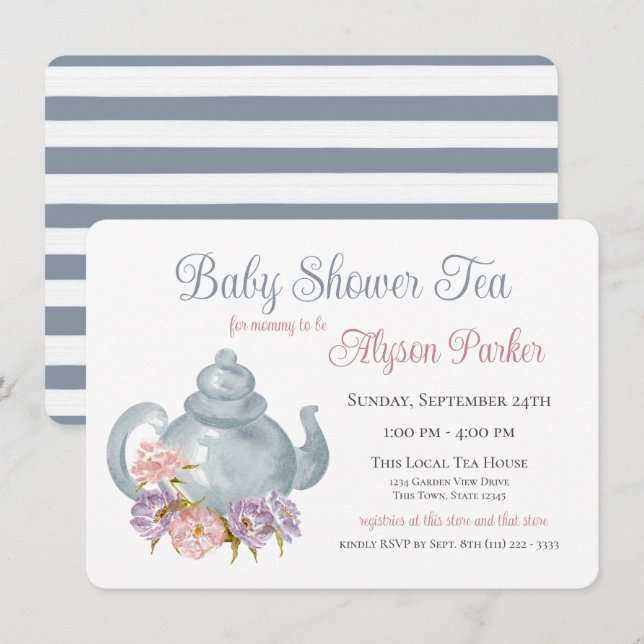 Tea Party Baby shower Floral Tea Pot Invitation (Devant / Derrière)