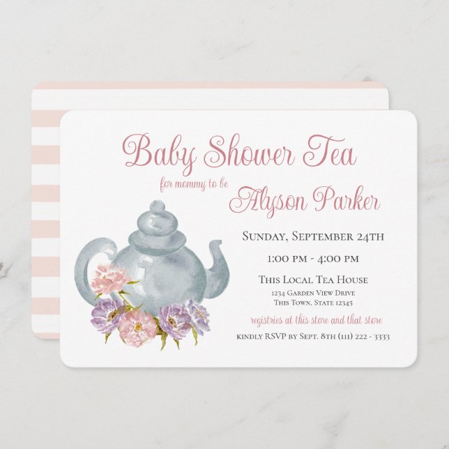 Tea Party Baby shower Floral Tea Pot Invitation (Devant / Derrière)