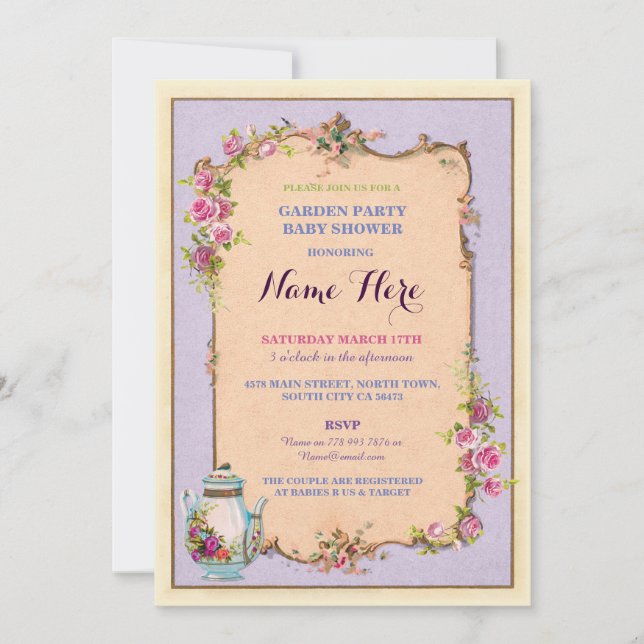 Tea Party Baby shower Garden Invitation théière (Devant)