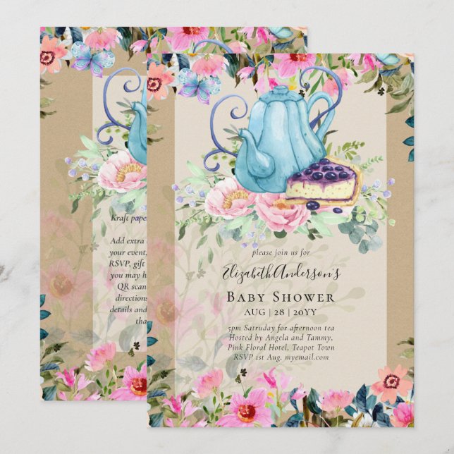 Tea Party Baby Shower Invitations (Devant / Derrière)