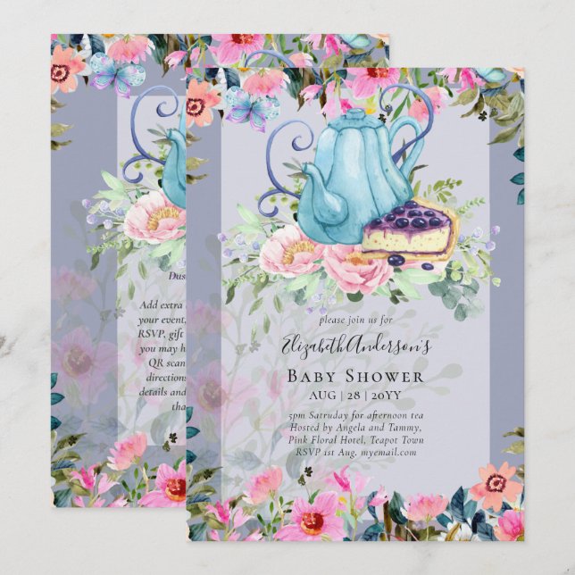 Tea Party Baby Shower Invitations (Devant / Derrière)