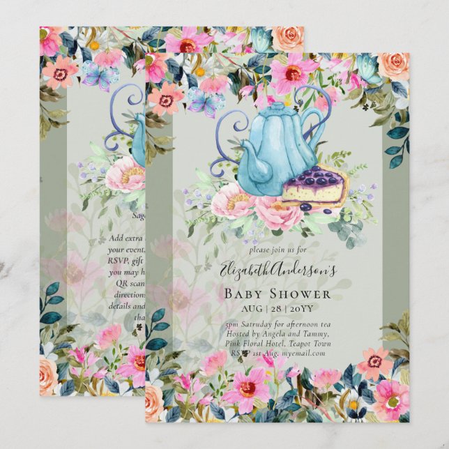 Tea Party Baby Shower Invitations (Devant / Derrière)