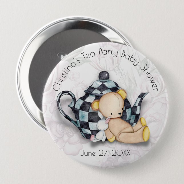 Tea Party Baby Shower (Teddy Bear) 4" Schaltfläche Button (Vorne & Hinten)